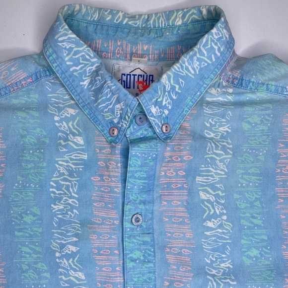 Vintage Gotcha Short Sleeve Faded Reverse Blue Casual Button Down Shirt Sz Lg - Picture 2 of 10